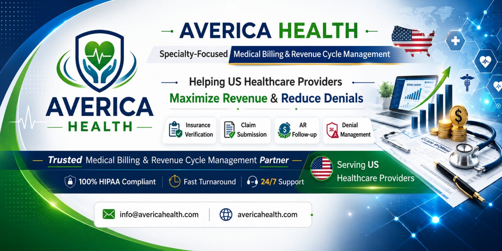 Averica Health — Specialty-Focused Medical Billing & Revenue Cycle Management. Helping US healthcare providers maximize revenue and reduce denials. 100% HIPAA compliant, fast turnaround, 24/7 support.